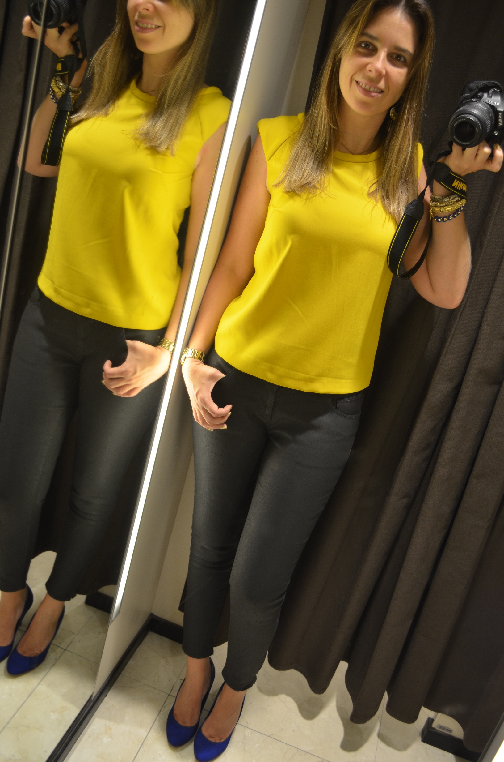 blusa amarela com calça preta
